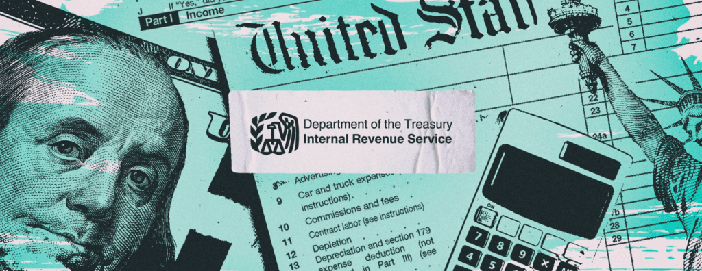 Aqua and black images of calculator and USA-aligned paper work under a sticker that says "Department of the Treasury Internal Revenue Service"