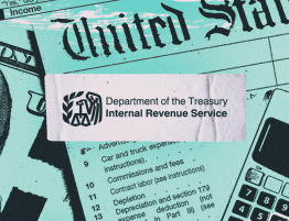 Aqua and black images of calculator and USA-aligned paper work under a sticker that says "Department of the Treasury Internal Revenue Service"