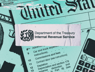 Aqua and black images of calculator and USA-aligned paper work under a sticker that says "Department of the Treasury Internal Revenue Service"