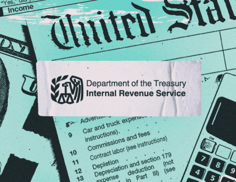 Aqua and black images of calculator and USA-aligned paper work under a sticker that says "Department of the Treasury Internal Revenue Service"