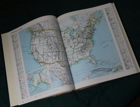A book with a map of the US spread across two pages