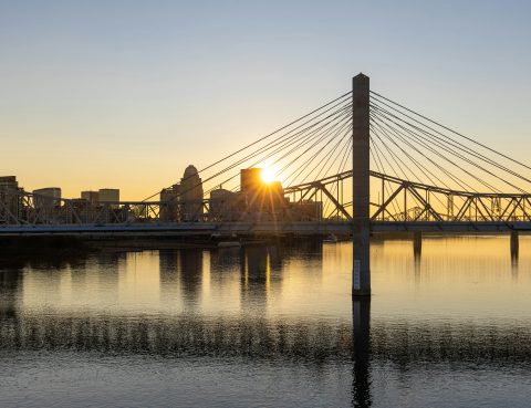 Sunset over downtown Louisville, Kentucky as seen from the Ohio River.
