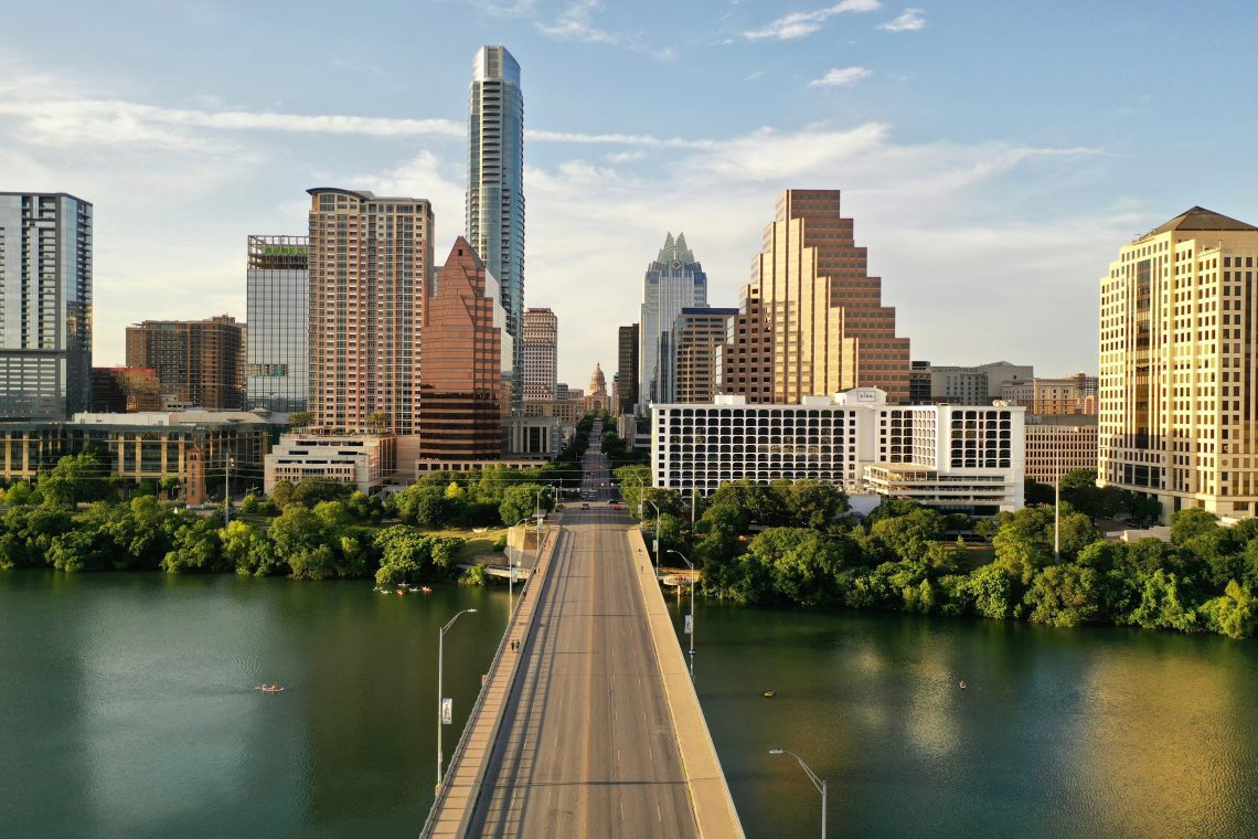 Downtown Austin with view of Capitol building taken from South Congress Bridge.