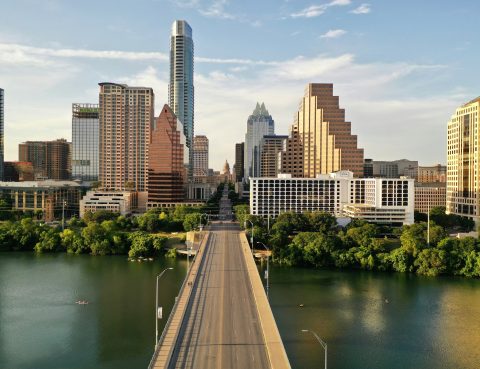Downtown Austin with view of Capitol building taken from South Congress Bridge.
