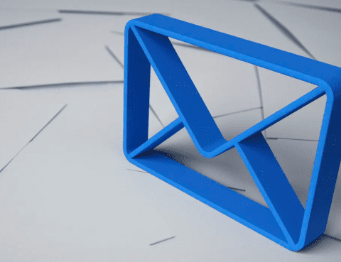 A three dimensional blue outline of an envelope standing on top of a mess of white envelopes
