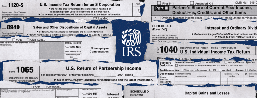 torn pieces of various IRS forms over a royal blue background with the IRS logo in the middle