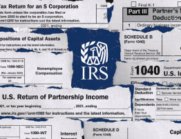 torn pieces of various IRS forms over a royal blue background with the IRS logo in the middle