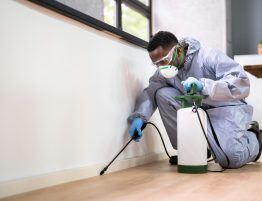 A pest control worker in protective clothing and a mask sprays pesticide onto the baseboard of a house.
