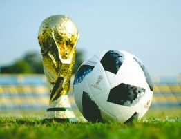 a close up of the FIFA trophy and a soccer ball on a grassy field