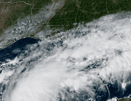 view of hurricane isaias over a map of the USA gulf coast