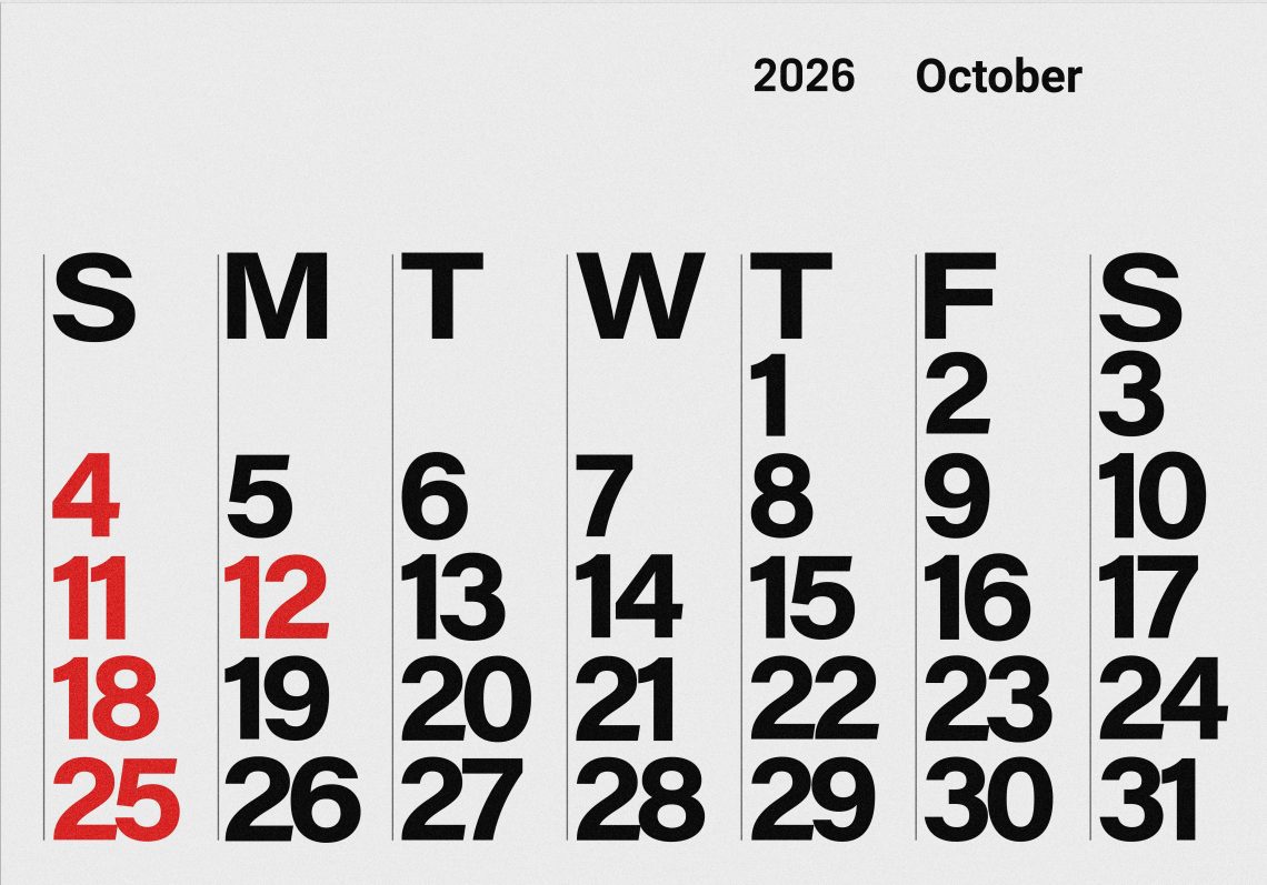 A picture of a calendar for October 2026