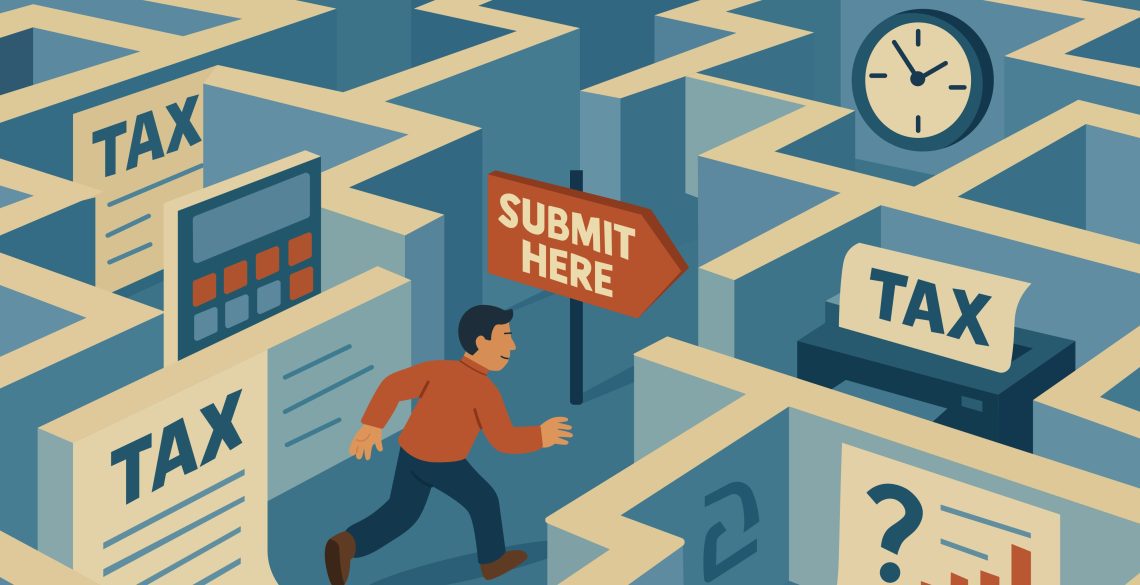 A cartoonish illustration of a man navigating a maze with signs about taxes