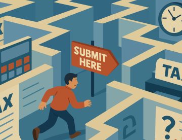 A cartoonish illustration of a man navigating a maze with signs about taxes