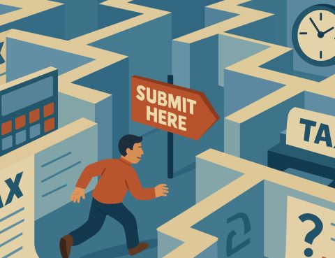 A cartoonish illustration of a man navigating a maze with signs about taxes